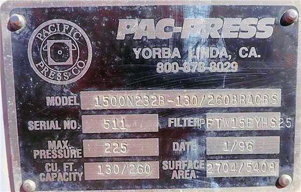 Pac-press 1500mm Plate And Frame Filter Press With (67) 59" X 59" Plates)